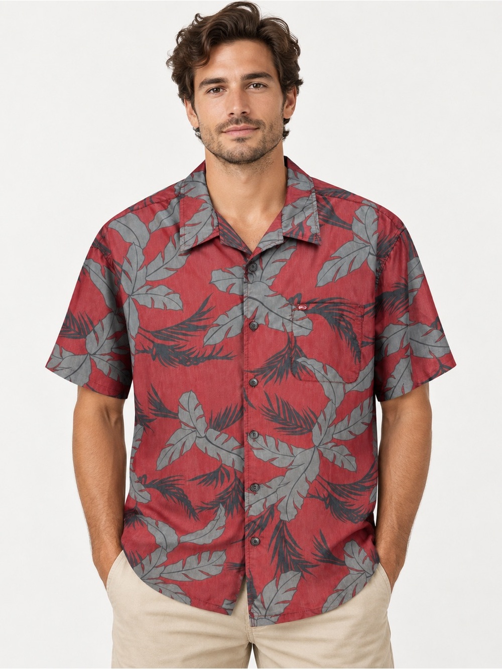 Quiksilver Men’s XL Red Gray Tropical Hawaiian Aloha Shirt 100% Rayon Button Up
